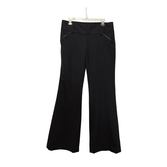 Alice + Olivia Black Flared  Mid Rise Pants Lamb Leather Trim Pockets Sz 10 - Picture 1 of 16